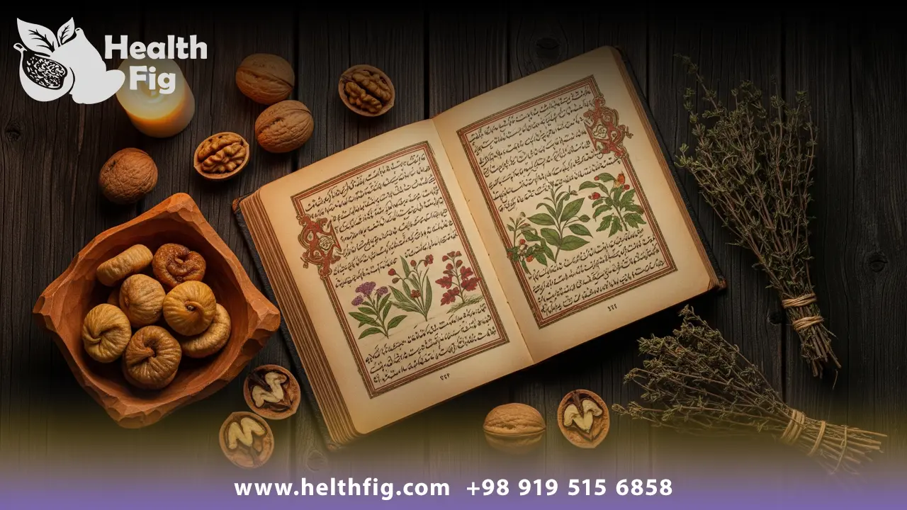 انجیر خشک در کنار یک کتاب طب سنتی و گردو به عنوان مصلح آن