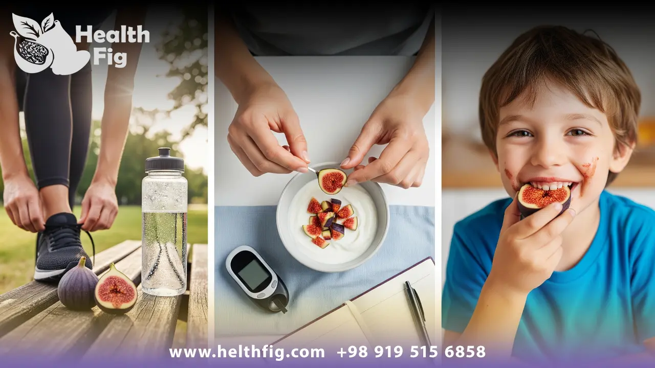 تصاویر ترکیبی از ورزشکار، کودک و فرد دیابتی در حال مصرف کنترل شده انجیر خشک