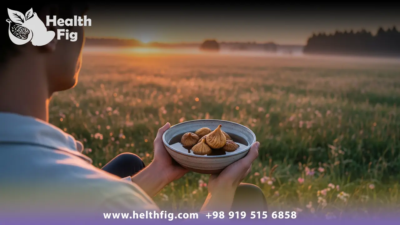 فردی در حال تماشای منظره‌ای آرام در سپیده‌دم در حالی که کاسه‌ای از انجیر خشک خیس خورده در دست دارد