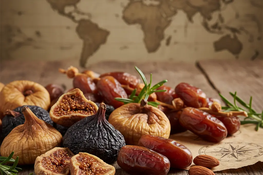 انجیر خشک و خرما با کیفیت اعلا، چیده شده بر روی میزی چوبی، با نقشه‌ای محو از جهان در پس‌زمینه که نشان‌دهنده صادرات جهانی و کیفیت برتر محصولات HealthFig است.